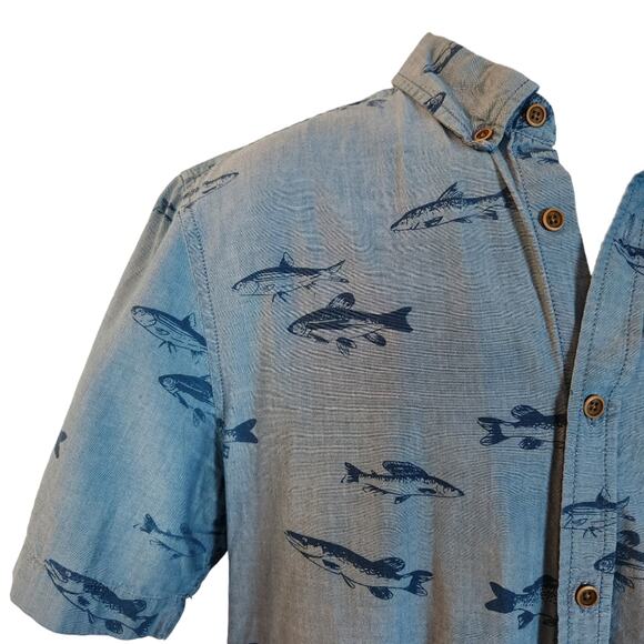 Chevignon Shirt Short Sleeve Mens Large Slim Fit Blue Fish Print Buttonup - Picture 4 of 9